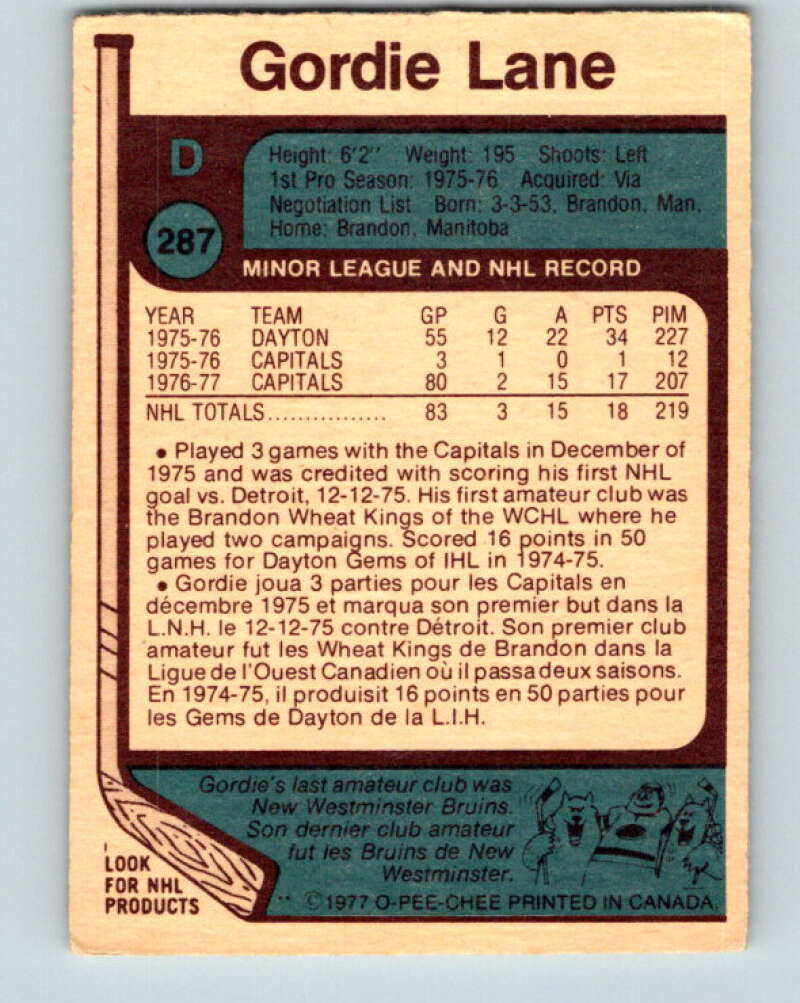 1977-78 O-Pee-Chee #287 Gord Lane  RC Rookie Washington Capitals  V14979