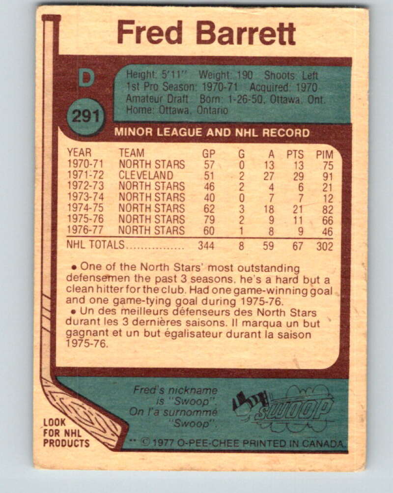 1977-78 O-Pee-Chee #291 Fred Barrett  Minnesota North Stars  V15009