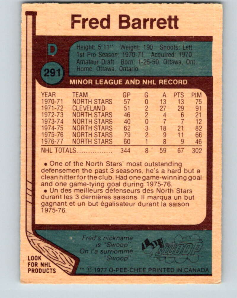 1977-78 O-Pee-Chee #291 Fred Barrett  Minnesota North Stars  V15012