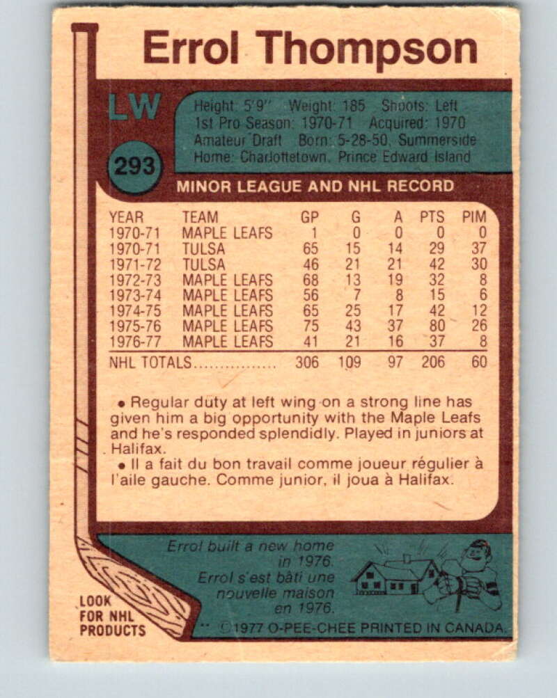 1977-78 O-Pee-Chee #293 Errol Thompson  Toronto Maple Leafs  V15024