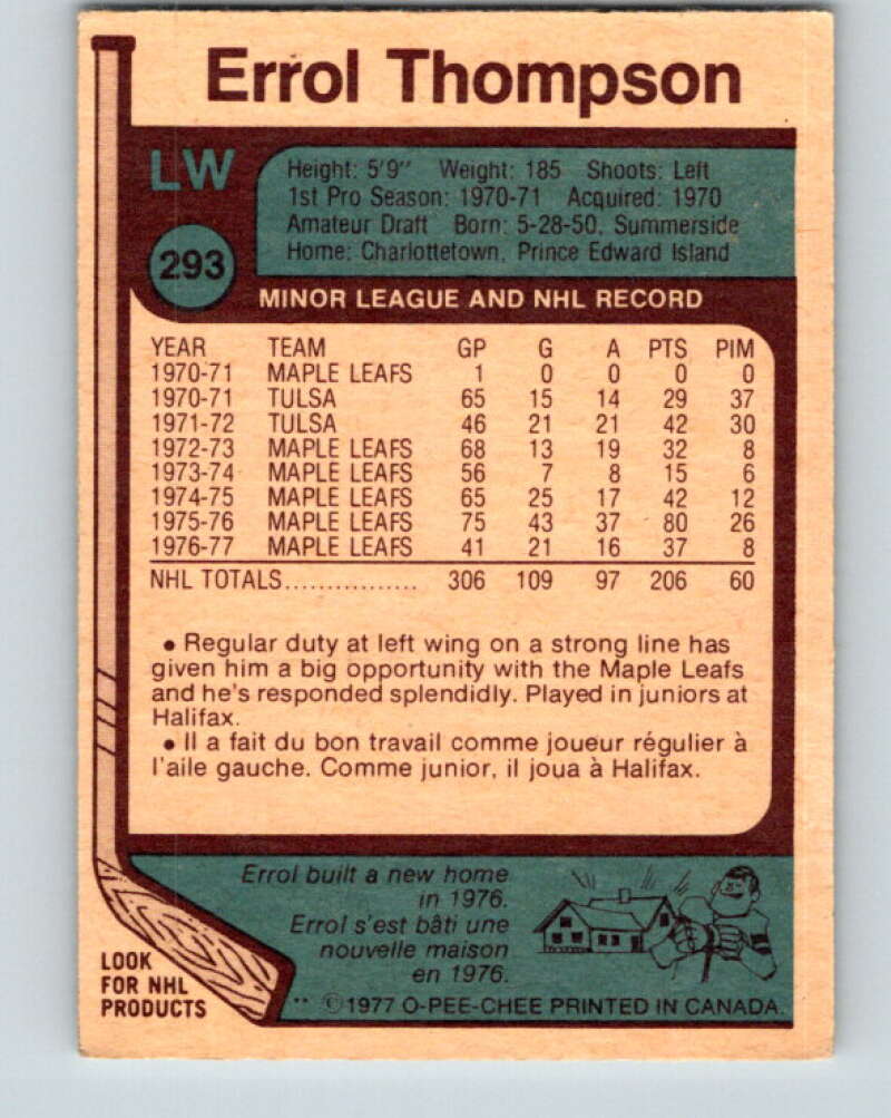 1977-78 O-Pee-Chee #293 Errol Thompson  Toronto Maple Leafs  V15028