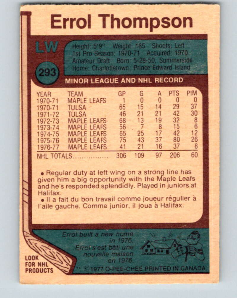 1977-78 O-Pee-Chee #293 Errol Thompson  Toronto Maple Leafs  V15030