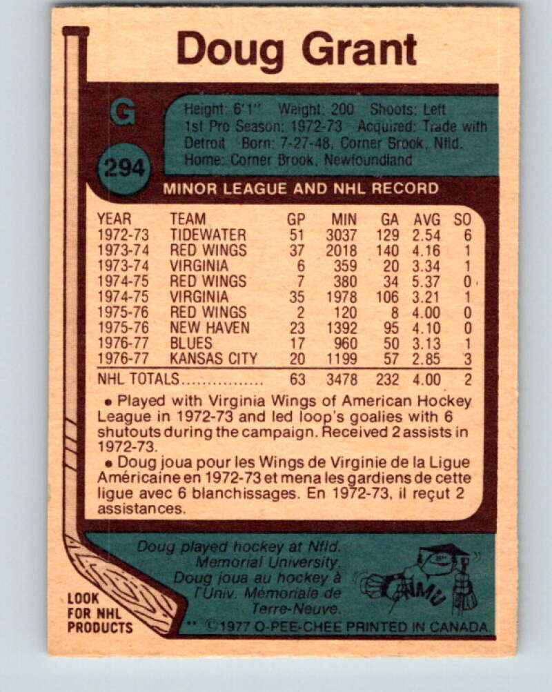 1977-78 O-Pee-Chee #294 Doug Grant  St. Louis Blues  V15031