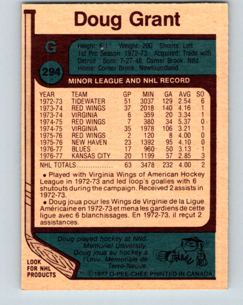 1977-78 O-Pee-Chee #294 Doug Grant  St. Louis Blues  V15032
