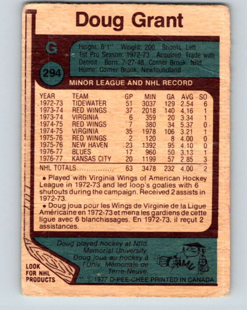 1977-78 O-Pee-Chee #294 Doug Grant  St. Louis Blues  V15037
