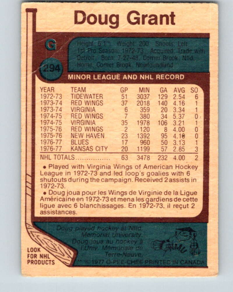 1977-78 O-Pee-Chee #294 Doug Grant  St. Louis Blues  V15039