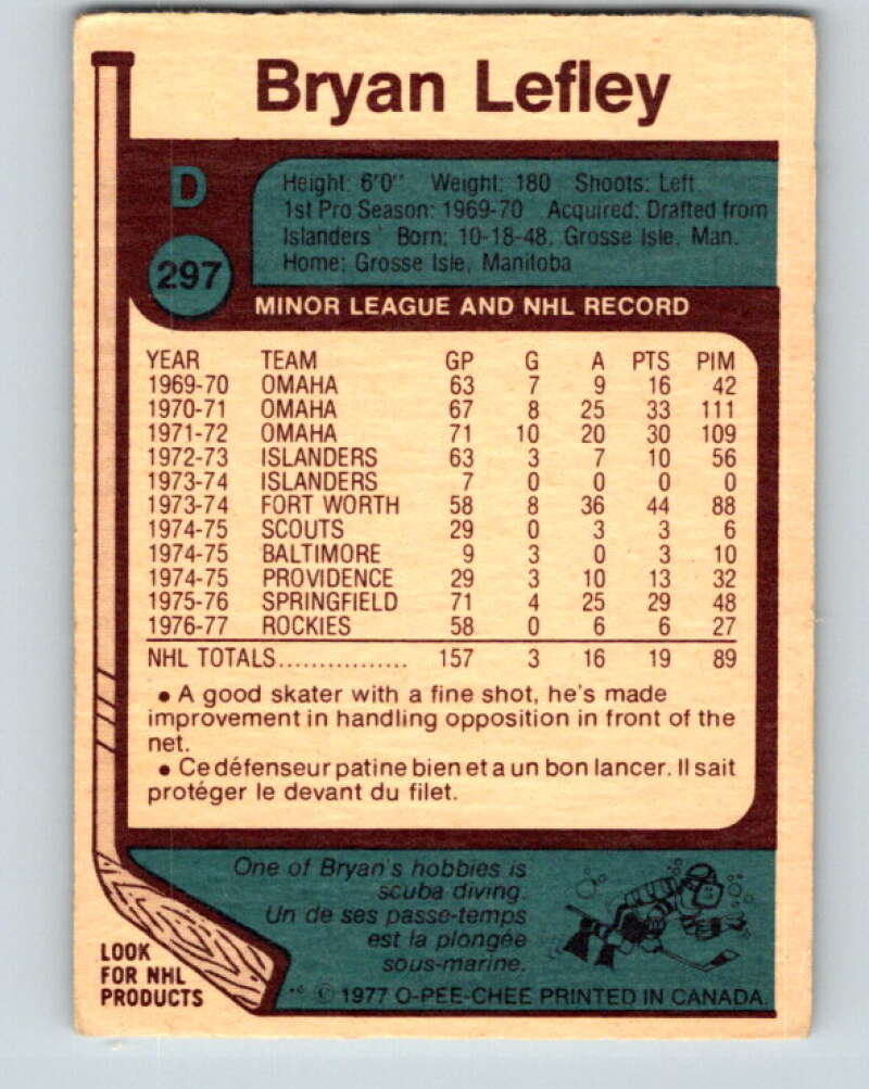 1977-78 O-Pee-Chee #297 Bryan Lefley  Colorado Rockies  V15049