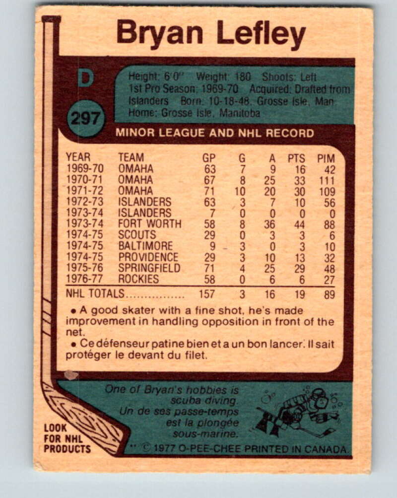 1977-78 O-Pee-Chee #297 Bryan Lefley  Colorado Rockies  V15051