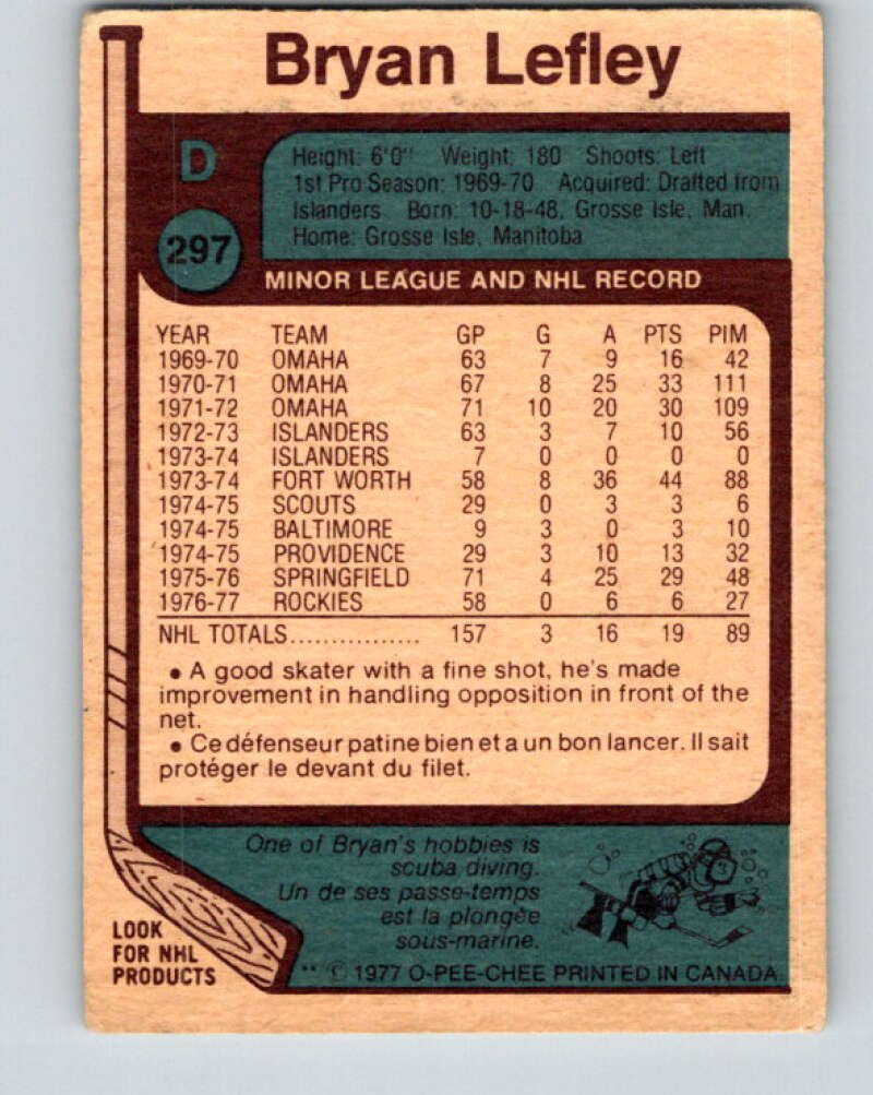 1977-78 O-Pee-Chee #297 Bryan Lefley  Colorado Rockies  V15054