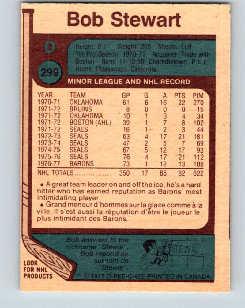 1977-78 O-Pee-Chee #299 Bob Stewart  Cleveland Barons  V15061