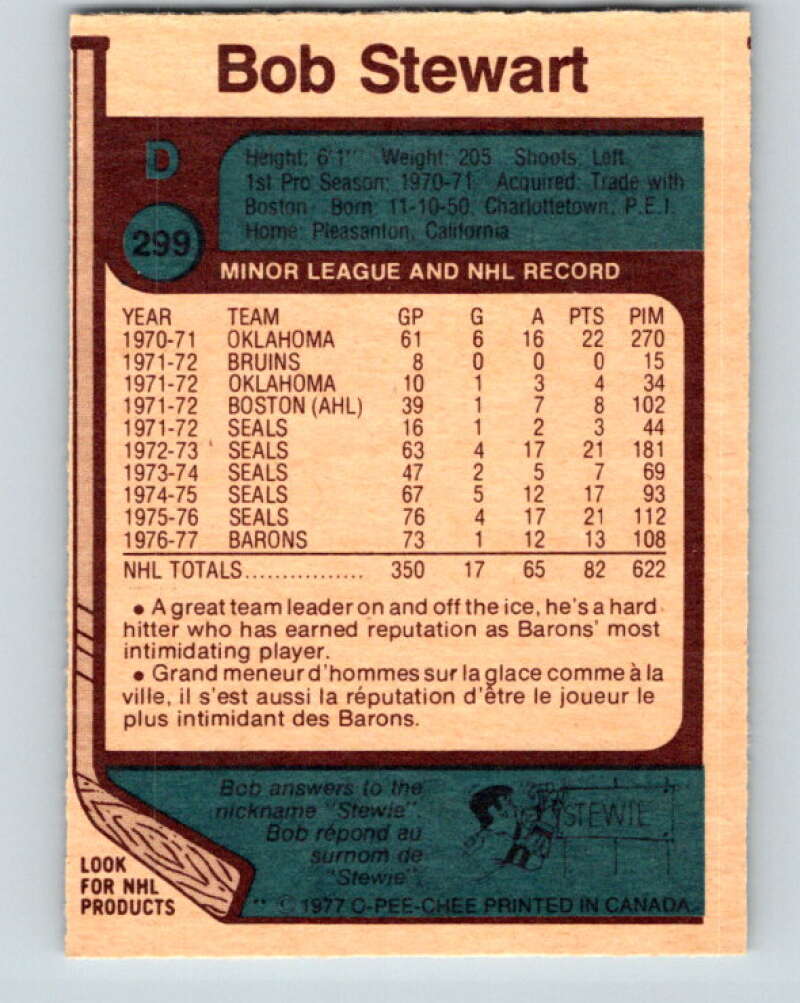1977-78 O-Pee-Chee #299 Bob Stewart  Cleveland Barons  V15063