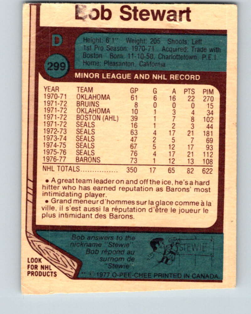 1977-78 O-Pee-Chee #299 Bob Stewart  Cleveland Barons  V15068
