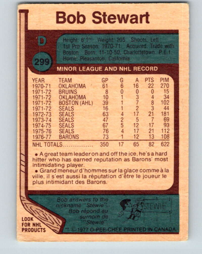 1977-78 O-Pee-Chee #299 Bob Stewart  Cleveland Barons  V15069
