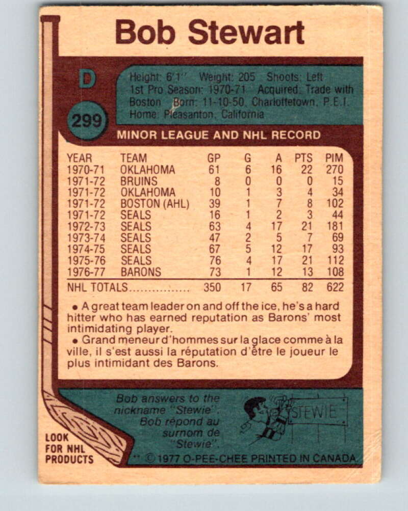 1977-78 O-Pee-Chee #299 Bob Stewart  Cleveland Barons  V15070
