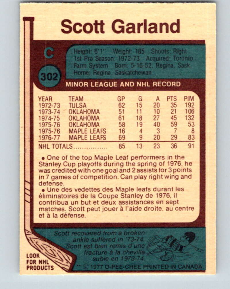 1977-78 O-Pee-Chee #302 Scott Garland  Toronto Maple Leafs  V15088