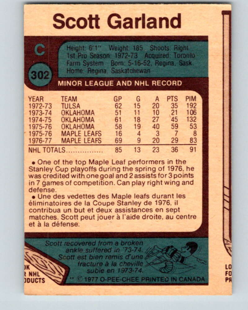 1977-78 O-Pee-Chee #302 Scott Garland  Toronto Maple Leafs  V15089