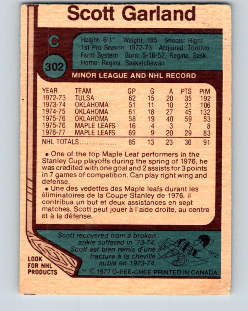 1977-78 O-Pee-Chee #302 Scott Garland  Toronto Maple Leafs  V15090