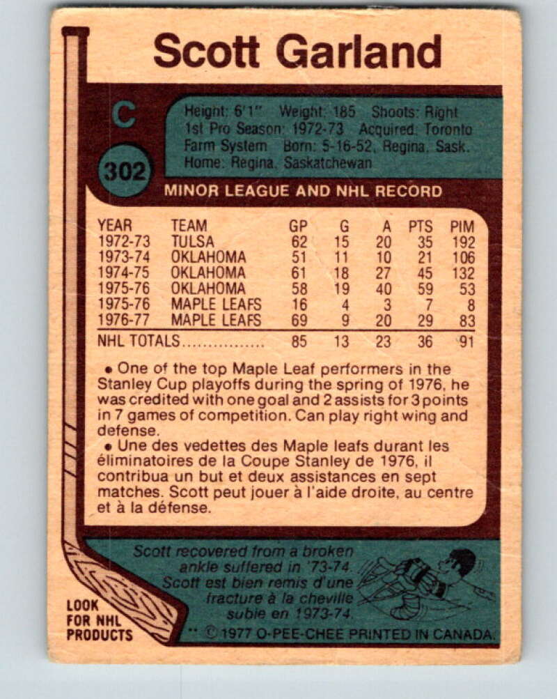 1977-78 O-Pee-Chee #302 Scott Garland  Toronto Maple Leafs  V15091