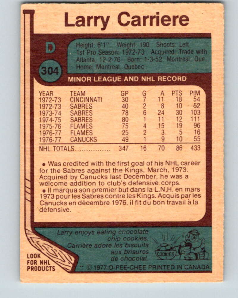 1977-78 O-Pee-Chee #304 Larry Carriere  Vancouver Canucks  V15100