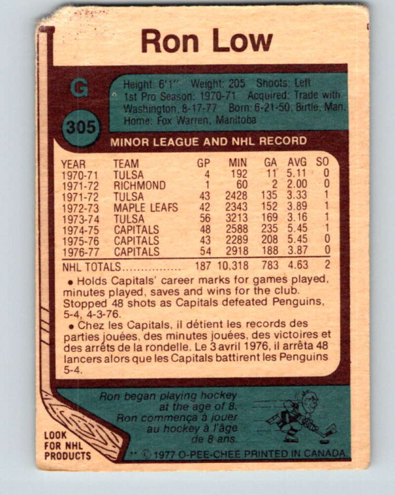 1977-78 O-Pee-Chee #305 Ron Low  Detroit Red Wings  V15104