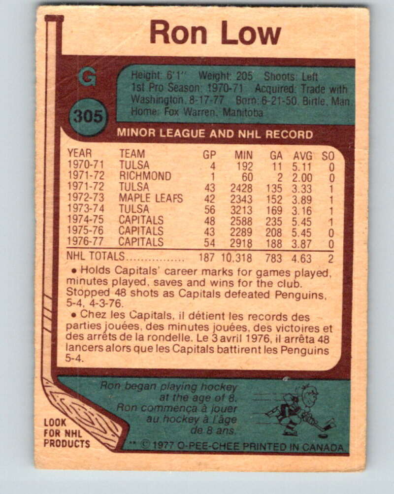 1977-78 O-Pee-Chee #305 Ron Low  Detroit Red Wings  V15105