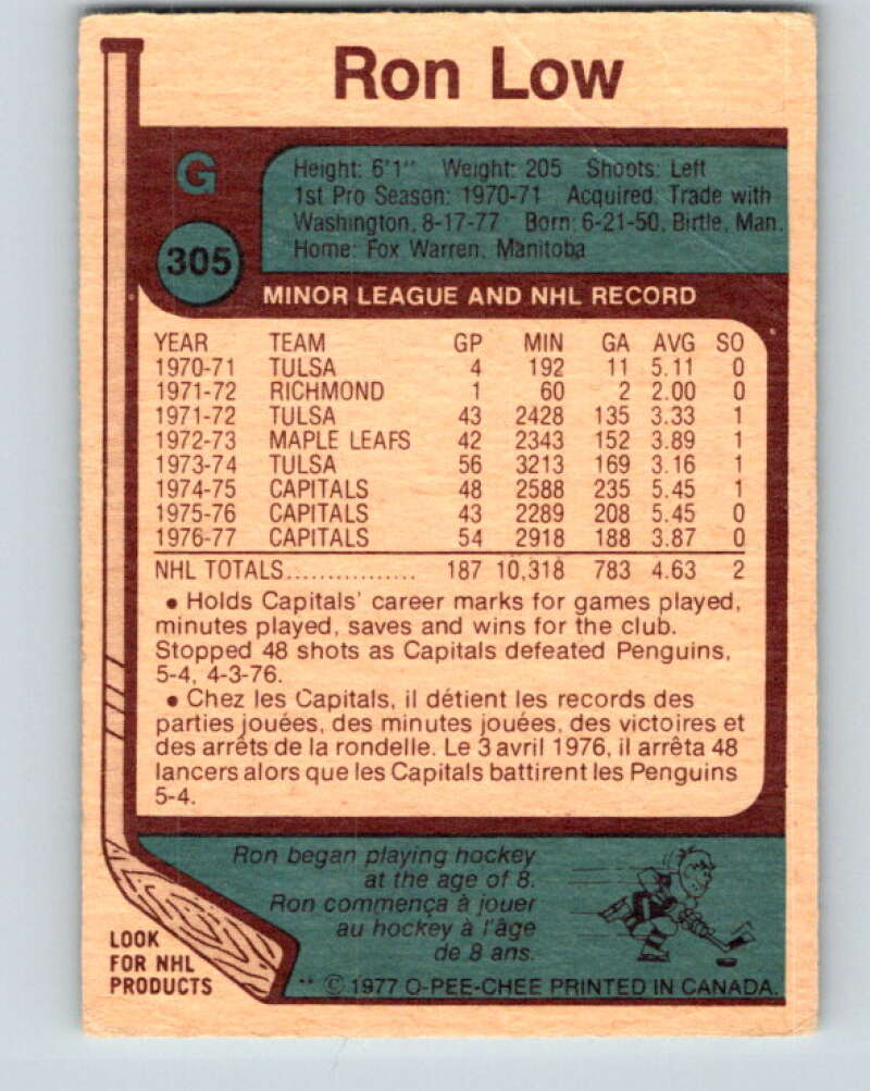 1977-78 O-Pee-Chee #305 Ron Low  Detroit Red Wings  V15106