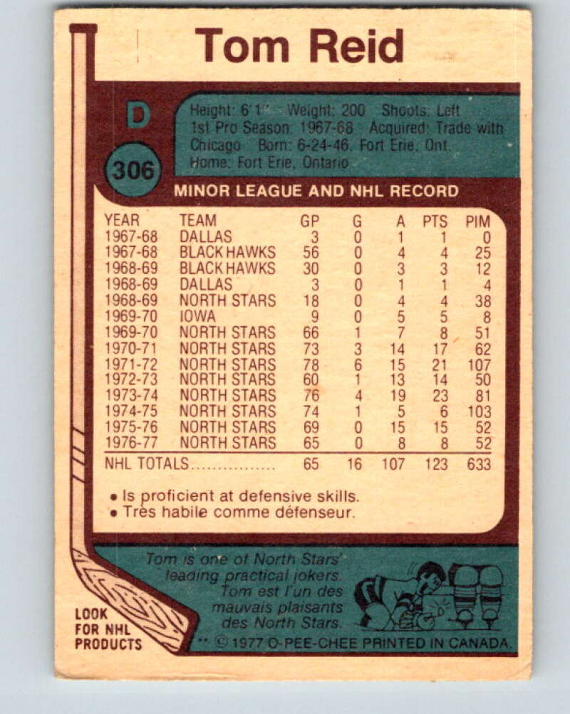1977-78 O-Pee-Chee #306 Tom Reid  Minnesota North Stars  V15110
