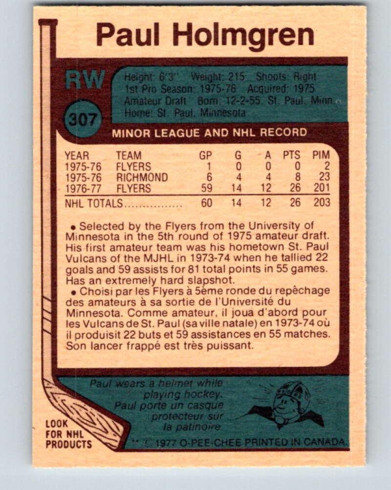 1977-78 O-Pee-Chee #307 Paul Holmgren  RC Rookie Philadelphia Flyers  V15114
