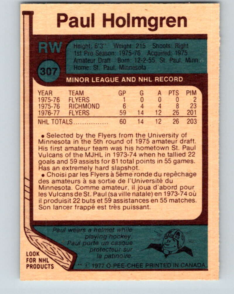 1977-78 O-Pee-Chee #307 Paul Holmgren  RC Rookie Philadelphia Flyers  V15115