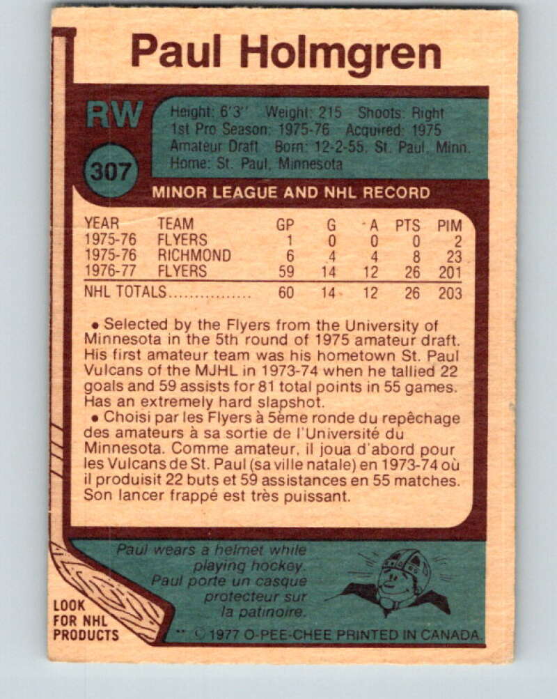 1977-78 O-Pee-Chee #307 Paul Holmgren  RC Rookie Philadelphia Flyers  V15124