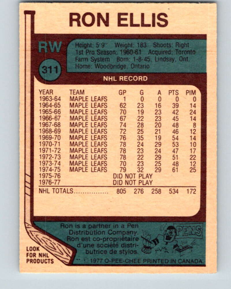 1977-78 O-Pee-Chee #311 Ron Ellis  Toronto Maple Leafs  V15160