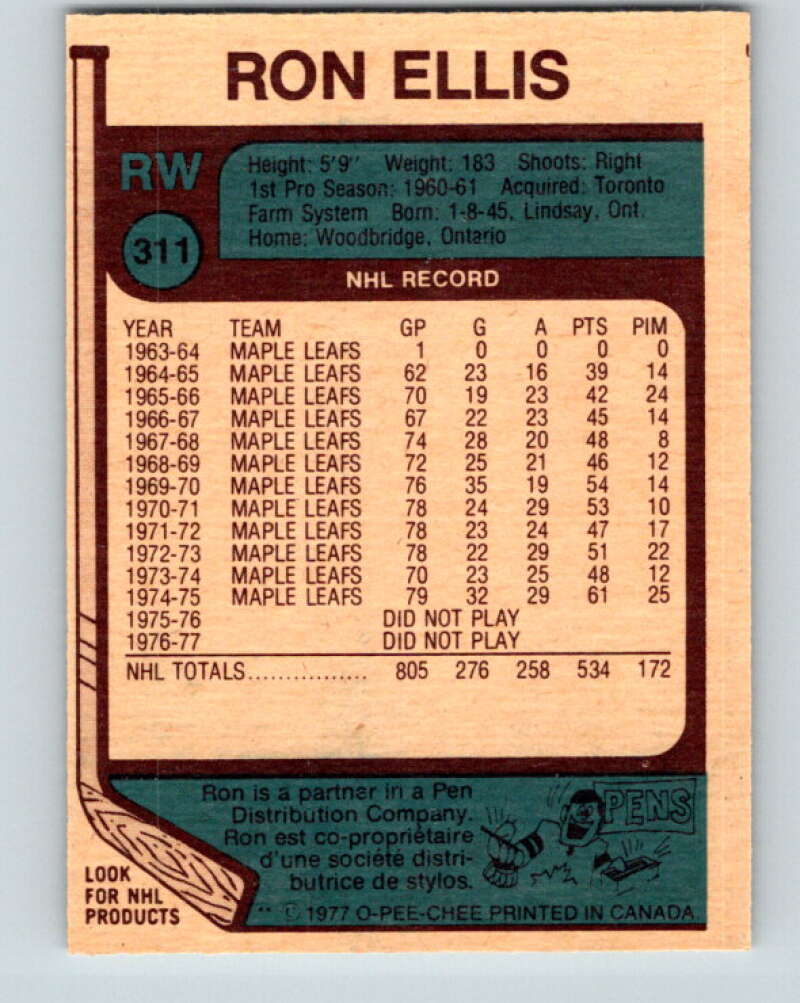 1977-78 O-Pee-Chee #311 Ron Ellis  Toronto Maple Leafs  V15161