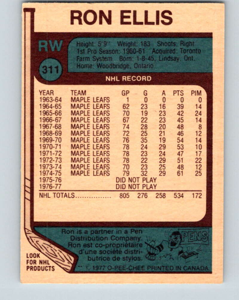 1977-78 O-Pee-Chee #311 Ron Ellis  Toronto Maple Leafs  V15162