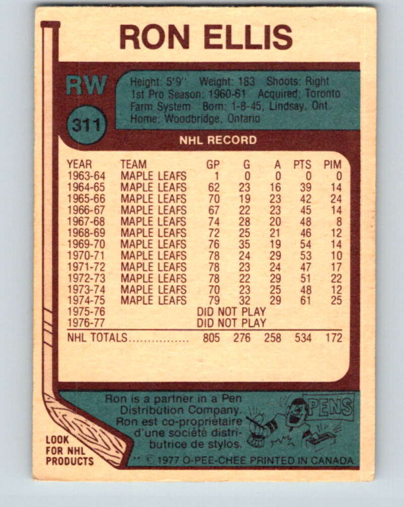 1977-78 O-Pee-Chee #311 Ron Ellis  Toronto Maple Leafs  V15163