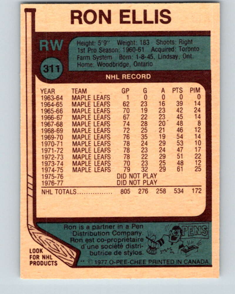 1977-78 O-Pee-Chee #311 Ron Ellis  Toronto Maple Leafs  V15164