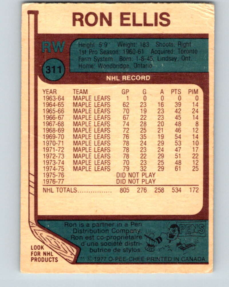 1977-78 O-Pee-Chee #311 Ron Ellis  Toronto Maple Leafs  V15165