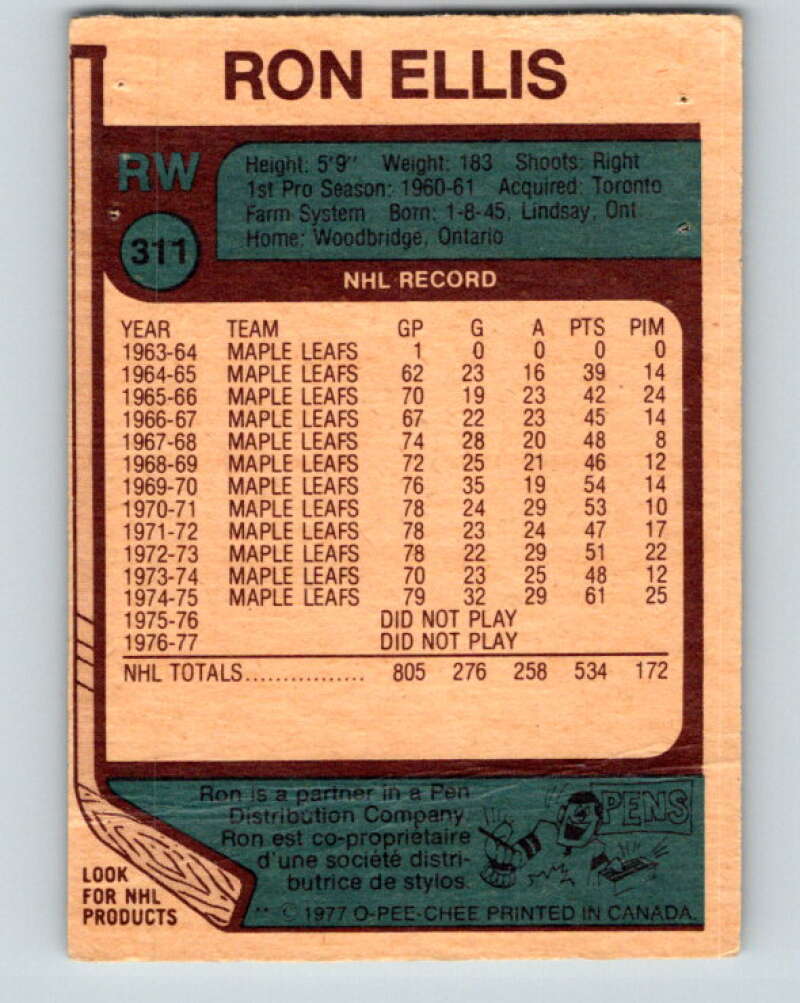 1977-78 O-Pee-Chee #311 Ron Ellis  Toronto Maple Leafs  V15166