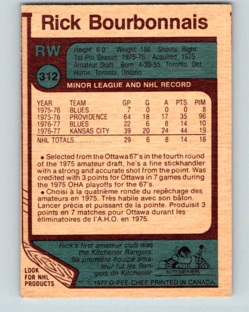 1977-78 O-Pee-Chee #312 Rick Bourbonnais UER  RC Rookie Blues  V15175