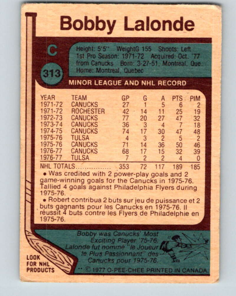 1977-78 O-Pee-Chee #313 Bobby Lalonde  Atlanta Flames  V15182