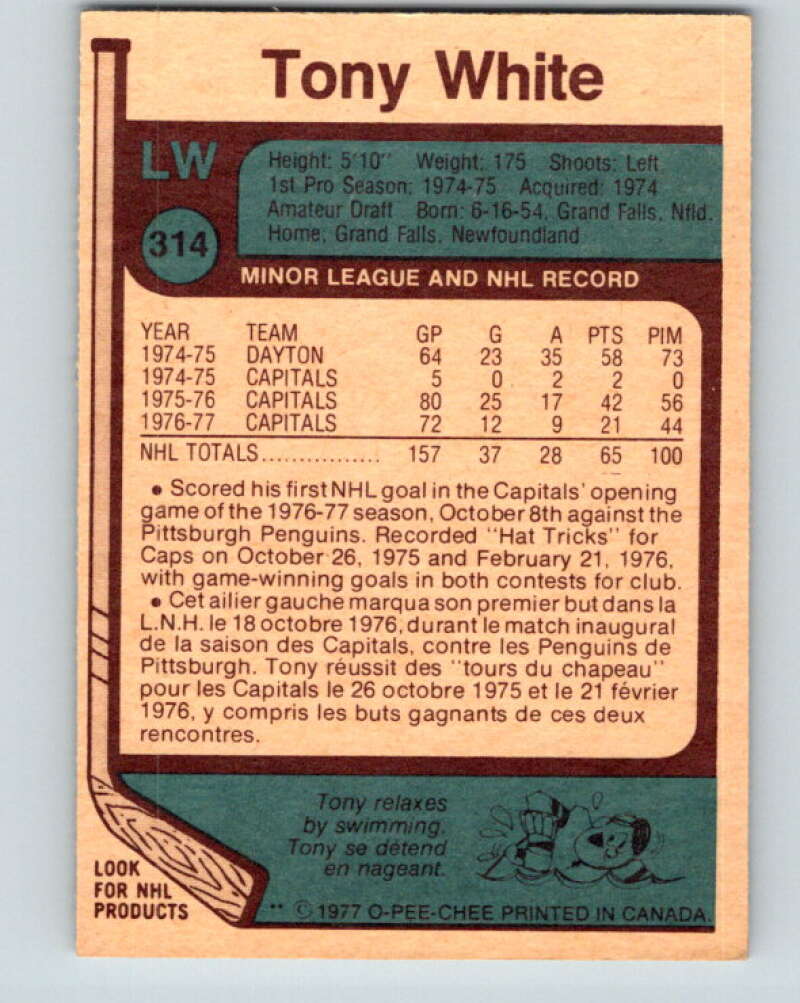 1977-78 O-Pee-Chee #314 Tony White  Washington Capitals  V15186