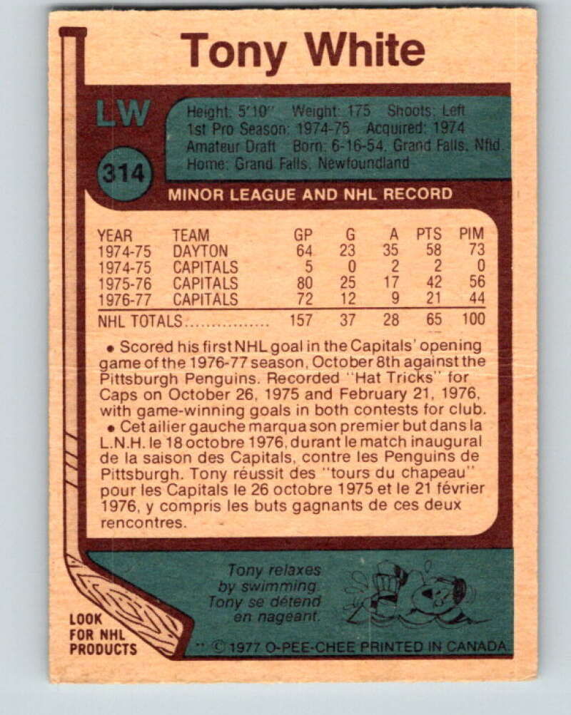 1977-78 O-Pee-Chee #314 Tony White  Washington Capitals  V15188