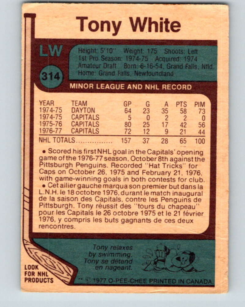 1977-78 O-Pee-Chee #314 Tony White  Washington Capitals  V15191