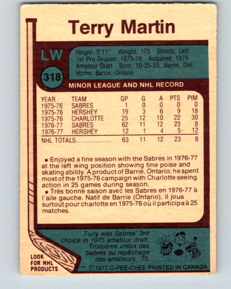1977-78 O-Pee-Chee #318 Terry Martin  RC Rookie Buffalo Sabres  V15224