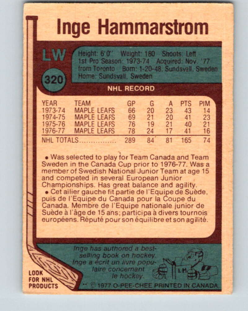 1977-78 O-Pee-Chee #320 Inge Hammarstrom  St. Louis Blues  V15244