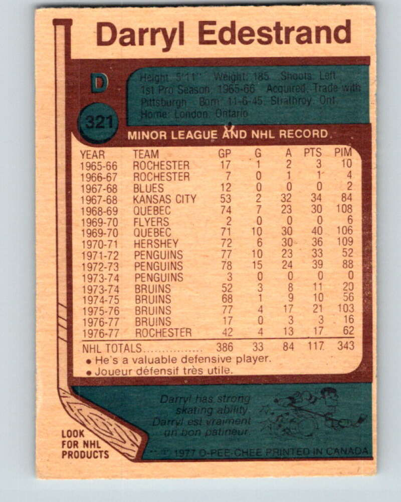 1977-78 O-Pee-Chee #321 Darryl Edestrand  Boston Bruins  V15250