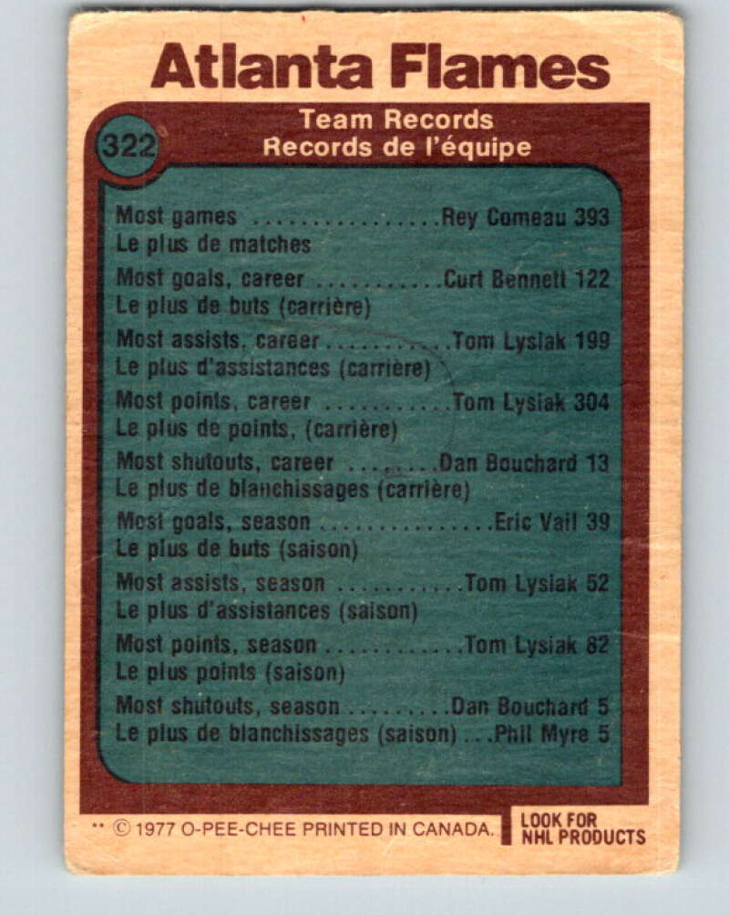 1977-78 O-Pee-Chee #322 Atlanta Flames Records  Atlanta Flames  V15256