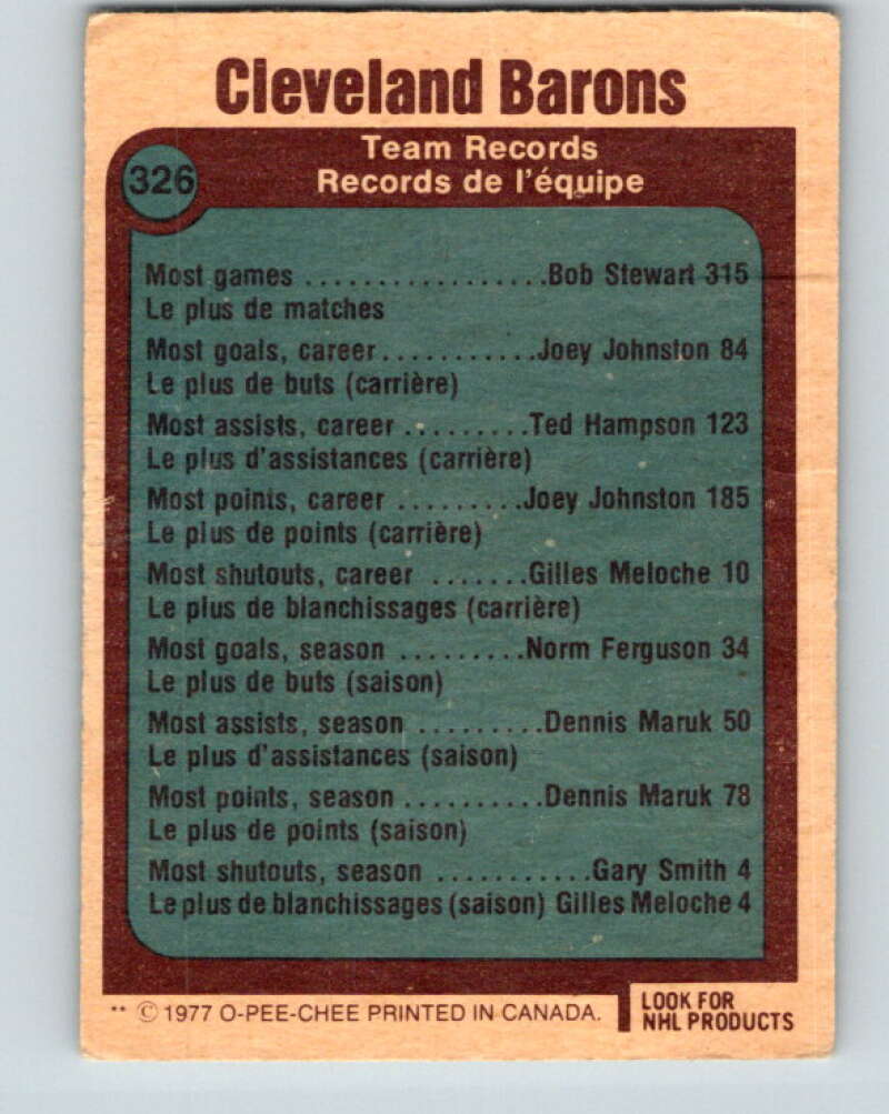 1977-78 O-Pee-Chee #326 Cleveland Barons Records  Cleveland Barons  V15279