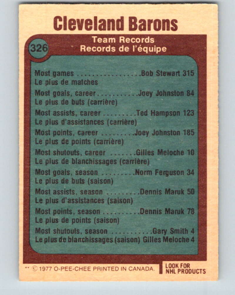 1977-78 O-Pee-Chee #326 Cleveland Barons Records  Cleveland Barons  V15281