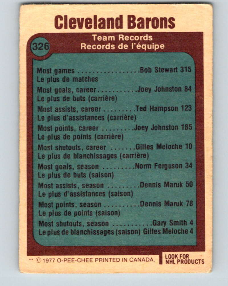 1977-78 O-Pee-Chee #326 Cleveland Barons Records  Cleveland Barons  V15285