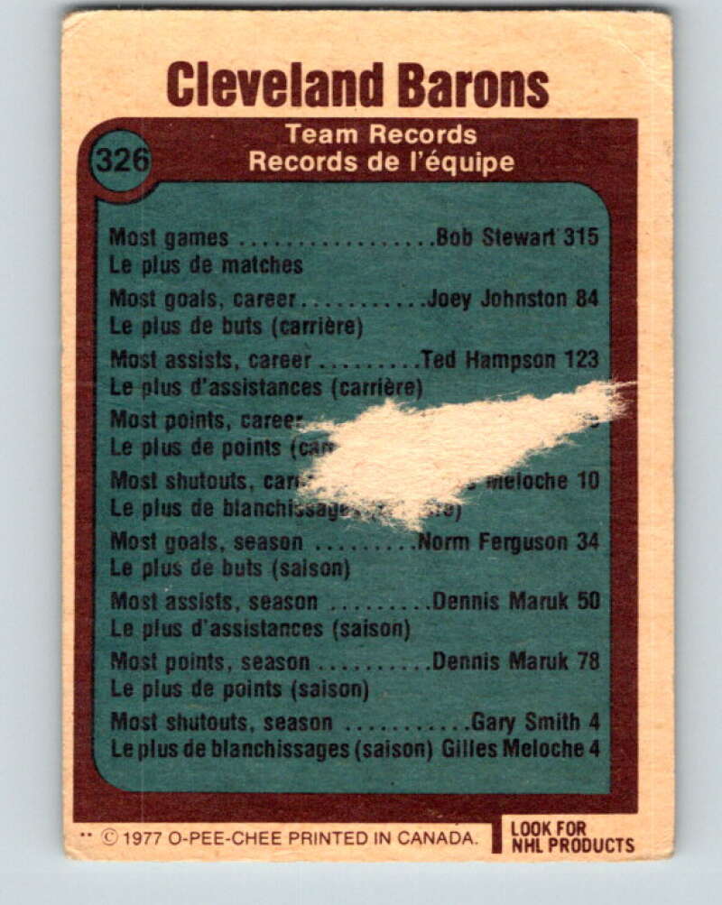1977-78 O-Pee-Chee #326 Cleveland Barons Records  Cleveland Barons  V15286